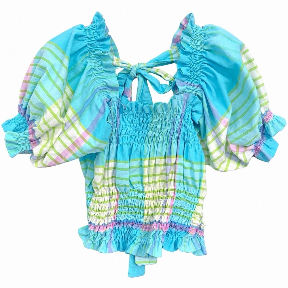 Brand New Handmade Smocked Coastal Plaid Boho Woman's Shirt Size M/L